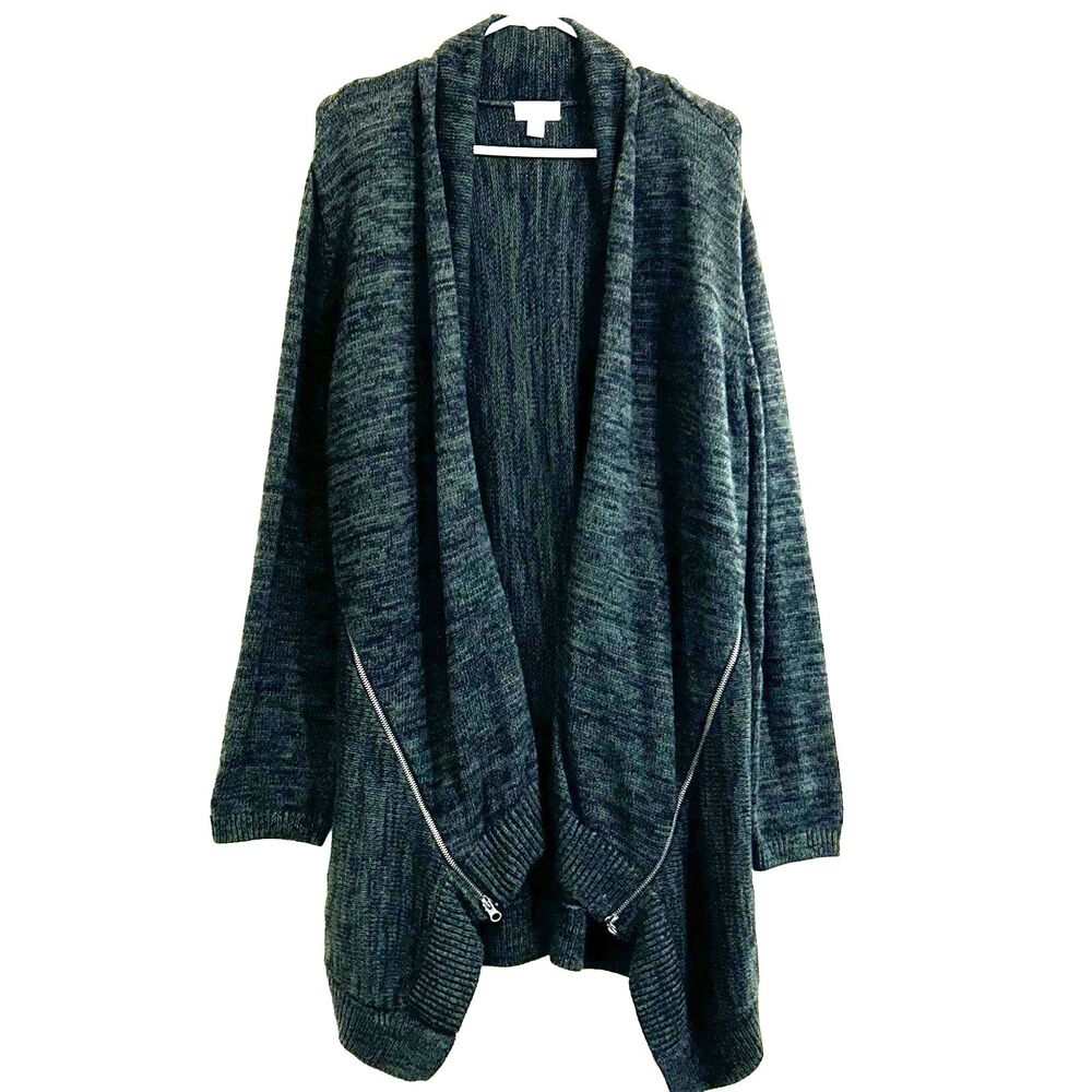 Market & Spruce Open Front Knit Cardigan Sweater Size Large Green Zipper Details